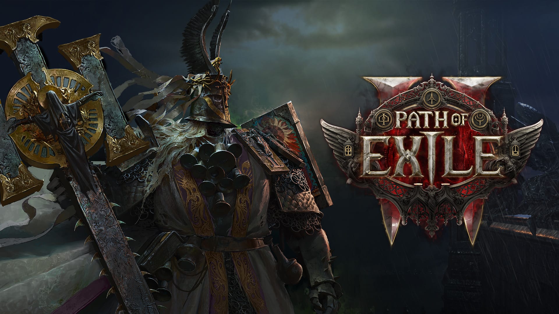 LumeriusLogo_1920x1080 An armor-clad warrior holding a massive maul to the left of a logo for Path of Exile 2
